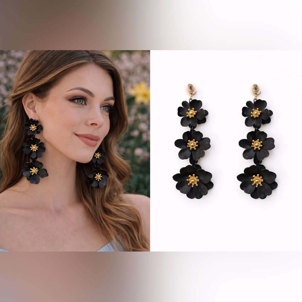Black Floral Drop Earrings 3” Statement Boutique @Debbiesiva31